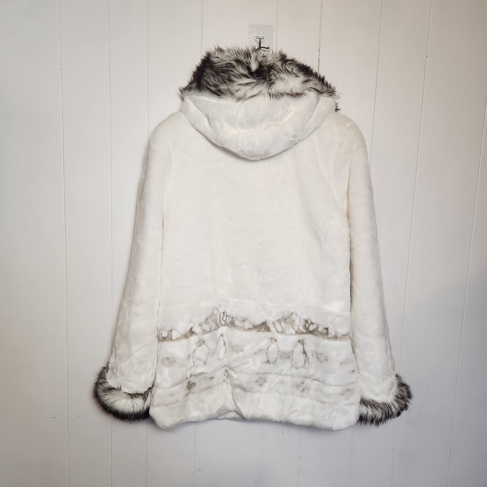 Retro White Faux Fur Penguin Coat Hooded Toggle Winter Jacket Size Small Vintage - Picture 2 of 14